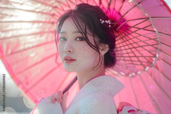 Fototapeta portrait of a woman with umbrella in the street