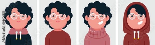 Fototapeta Set of flat portraits of happy afro man wearing white glasses. Collection of colored cartoon character man in different poses and outfits, profiles pictures, vector illustration.