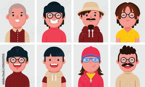 Fototapeta Set of flat portraits of Happy men. Collection of colored cartoon character men in different poses and outfits, profiles pictures, vector illustration.