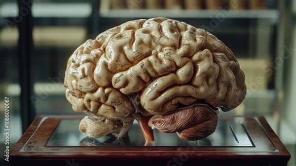 Fototapeta Close-up of a 3D brain model with detailed annotations of cerebellum, thalamus, and brainstem, emphasizing surface texture and educational labels in a professional laboratory environment.