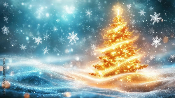 Fototapeta Glowing light wave Christmas tree with snowflakes