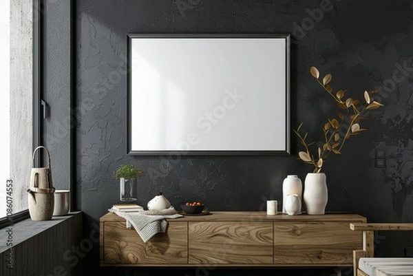 Fototapeta of a mockup frame on a cabinet in a living room, set against a minimalist dark wall backdrop.