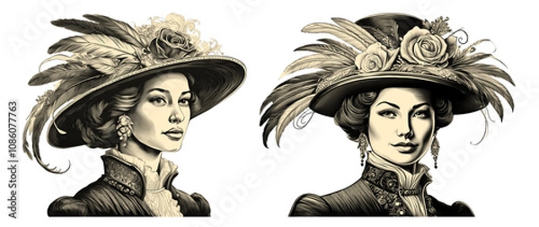 Fototapeta Vintage woman illustration PNG set with elegant elements vintage illustration isolated on transparent background, featuring women in period attire with elaborate hats adorned with feathers, cutout