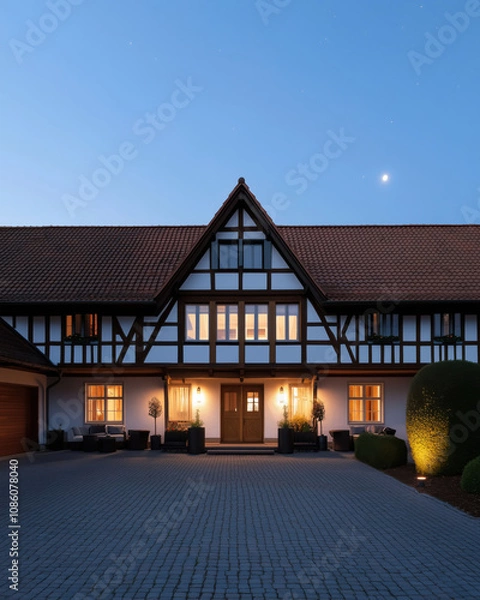 Fototapeta A Tudor-style house with warm glowing lights, surrounded by neatly trimmed hedges and a spacious cobblestone driveway under a clear evening sky with a bright celestial presence