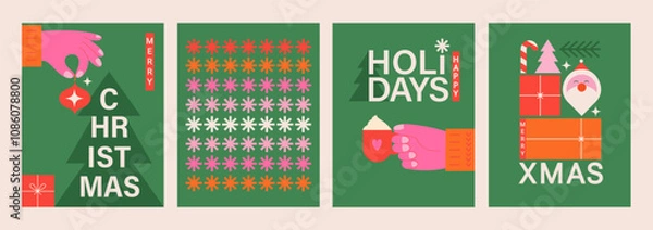 Obraz Merry Christmas and Happy New Year set greeting cards, posters, holiday covers. Trendy modern design flyers with hands holding Christmas tree toy,hot drink, christmas pattern and gifts. Vector