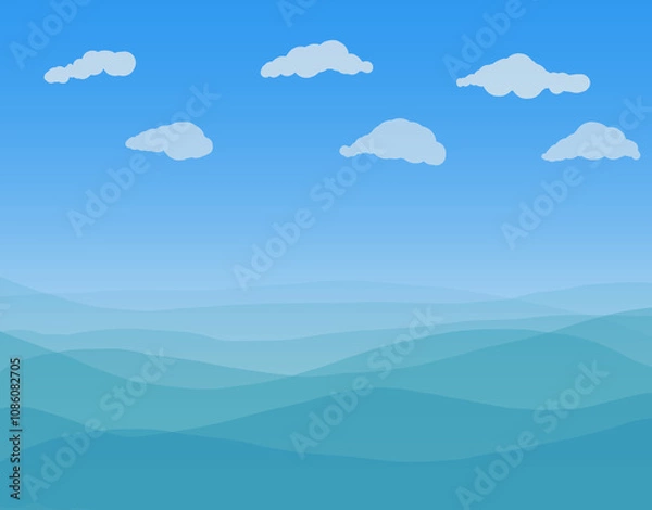 Obraz Light green sea waves. White clouds and blue sky above the water surface. Wallpaper design, background, abstract, cartoon