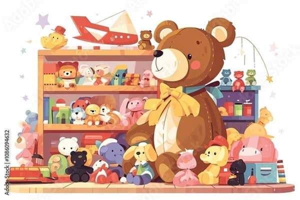 Obraz A colorful toy store filled with teddy bears, balloons, and various toys enticing visitors during a sunny day at the town square