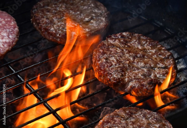 Obraz Delicious hamburgers grilling on barbecue with flames