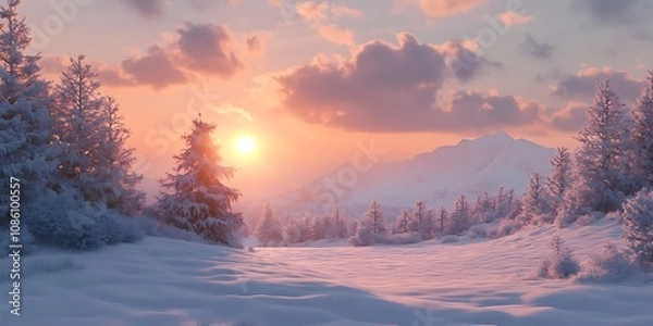 Fototapeta Winter Sunset in Snowy Mountains