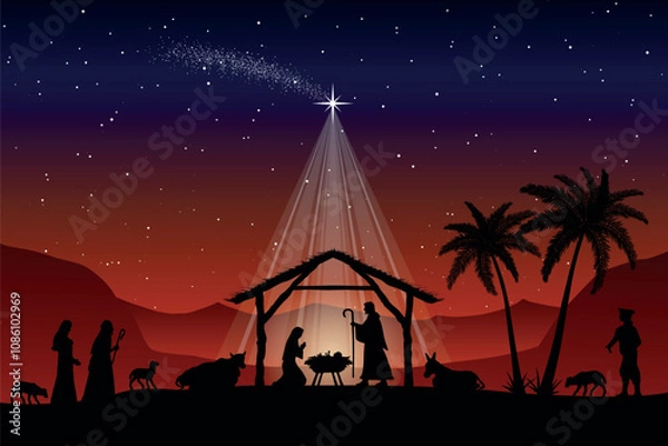 Fototapeta Christmas Nativity scene background. Jesus Christ infant born in the desert setting. Vector illustration.