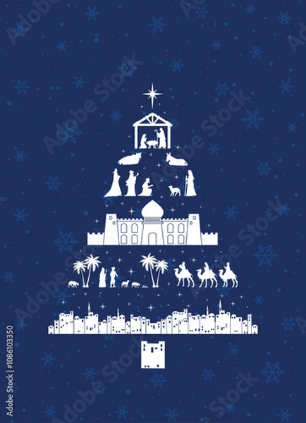 Fototapeta Christmas Nativity scene background. Christmas tree shape with nativity scene elements, on snowflakes background. Greeting card vector illustration.