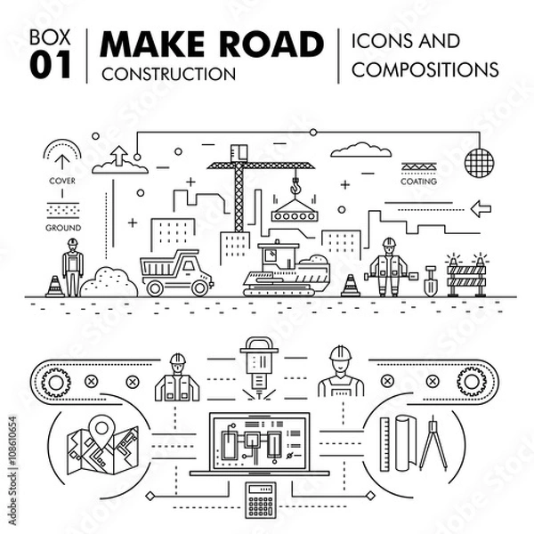 Fototapeta Modern compositions building road construction thin line block 