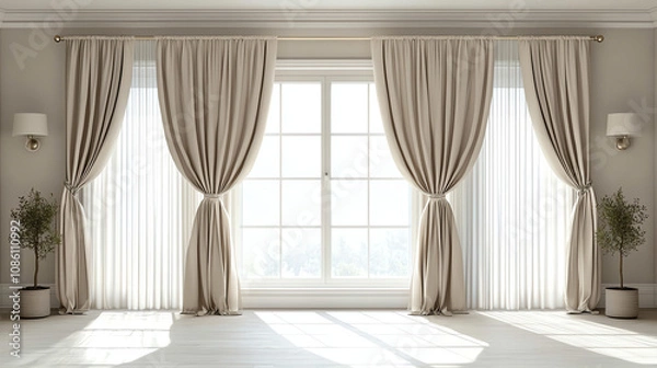 Fototapeta Elegant soft curtain panels and blinds enhancing natural light in a spacious living room setting