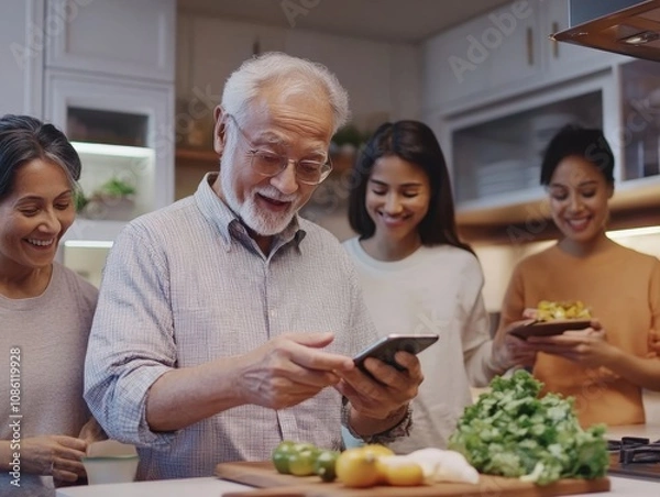 Fototapeta An older adult using a smartphone in a modern kitchen, with a family of different races gathered around, helping each other cook 
