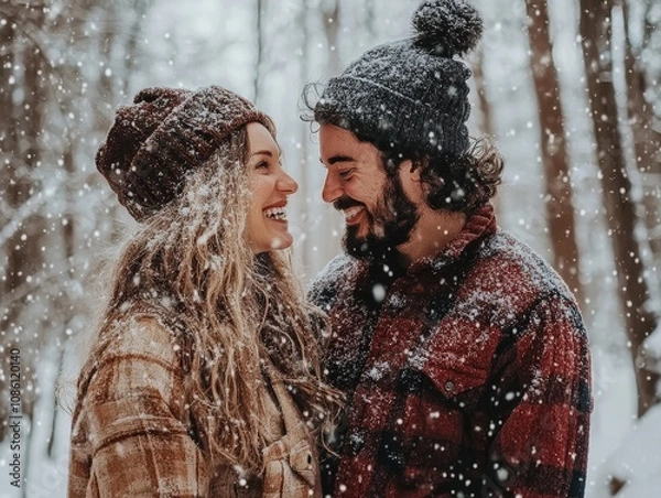 Fototapeta photo A couple standing in the middle of a snow-covered forest, snowflakes gently falling, their smiles radiating warmth and joy despite the cold