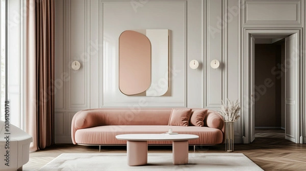 Obraz Beautiful Modern pink and white color livingroom decorated interior with sun light, soft cotton luxury sofa with pillows, abstract concept art on the wall in the background, mock up for home decor