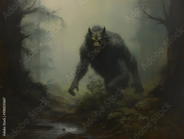 Obraz A werewolf howling at night in the middle of a misty forest during halloween