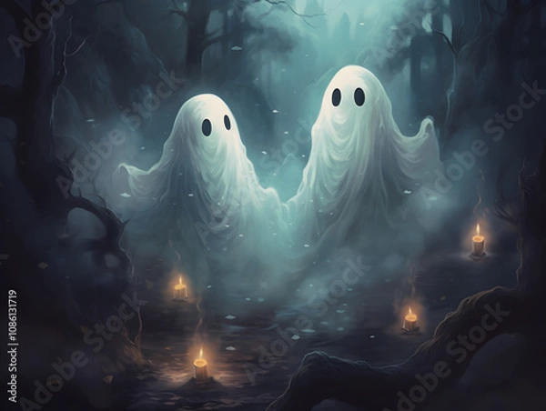 Obraz Two ghosts in a dark forest during Halloween