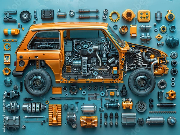 Obraz Dismantlement diagram of Car, the Car is in the middle of the picture, and Car parts are neatly placed around it, realistic, high-definition, high quality, 8k