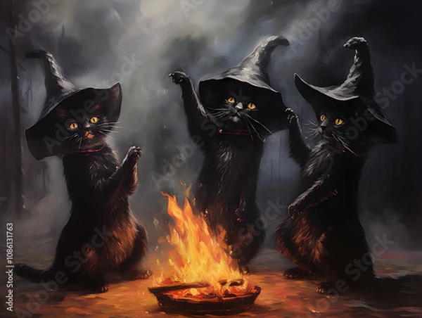 Obraz A trio of witchy black cats with witch hats do a ritual around a bonfire during Halloween