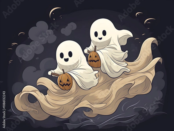 Obraz Cute Halloween background with two ghosts with pumpkins, flying together on a ghostly carnival ride. 
