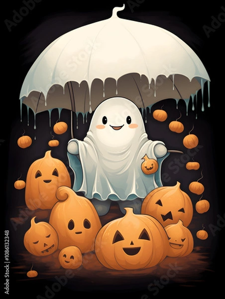 Obraz Cute and spoopy Halloween ghost with an umbrella, surrounded by pumpkins