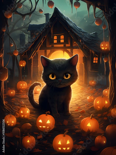 Obraz Cute halloween black cat with pumpkins in front of a witches cabin in the woods