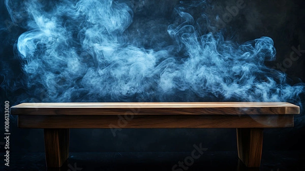 Obraz Wooden Table with Smoke Effects on a Dimly Lit Background. Bring depth to your design with an empty wooden table and floating smoke on a dark, dramatic background. 