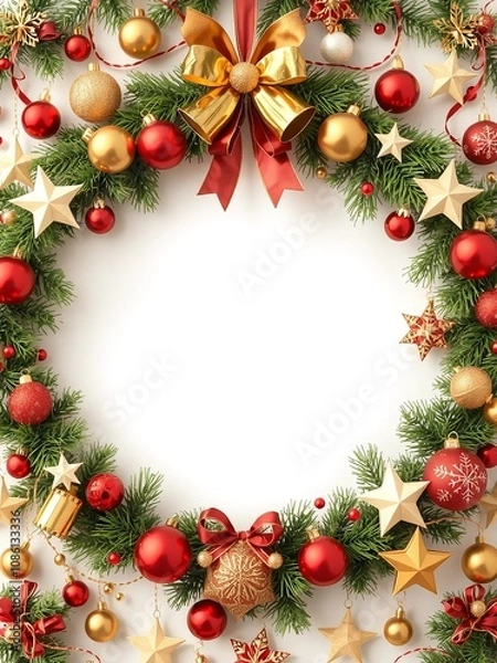 Fototapeta circular frame decorated with Christmas ornaments hanging from the top and sides