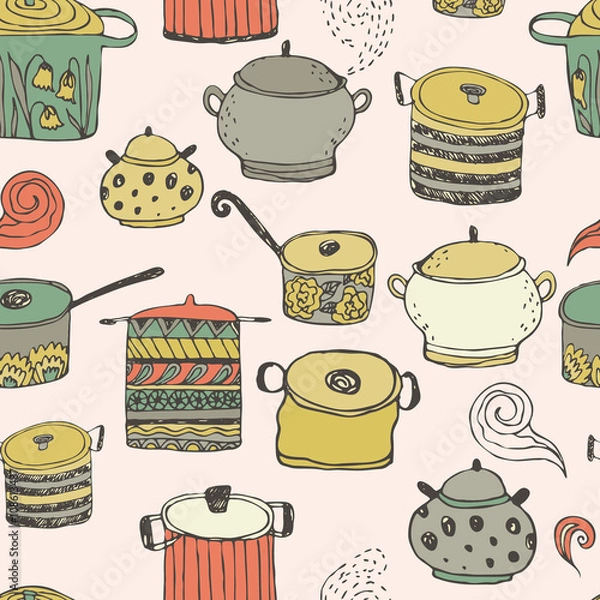 Obraz Cute cooking pots and lettering. Seamless vector pattern. Trendy background for scrapbook paper, textile, web and packaging.