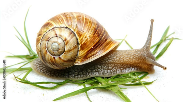 Fototapeta A small garden snail with a spiral shell resting on a green blade of grass in a serene garden setting during daylight