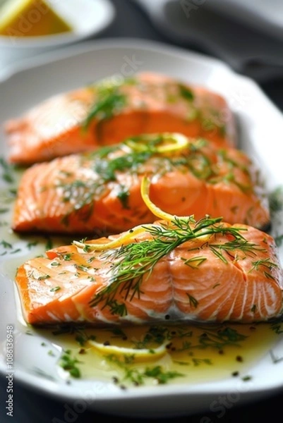 Fototapeta Grilled salmon fillets garnished with lemon slices on a white plate with herbs