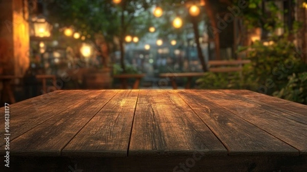 Fototapeta Rustic wooden table in foreground with blurred background of cozy outdoor restaurant patio, string lights creating warm ambiance among trees at dusk.