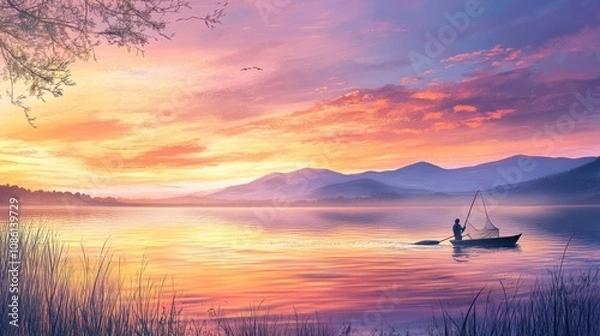Fototapeta Serene fishing scene at sunrise with calm waters, a lone fisherman casting a net against a vibrant sky, surrounded by peaceful nature