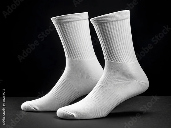 Fototapeta Mockup of two white cotton socks on a black background. Template for designs.