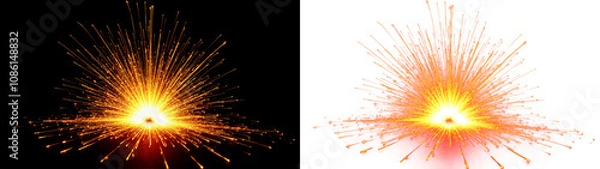 Obraz a bright, glowing explosion of light particles radiating from a central center, resembling a starburst, on black or transparent alpha background