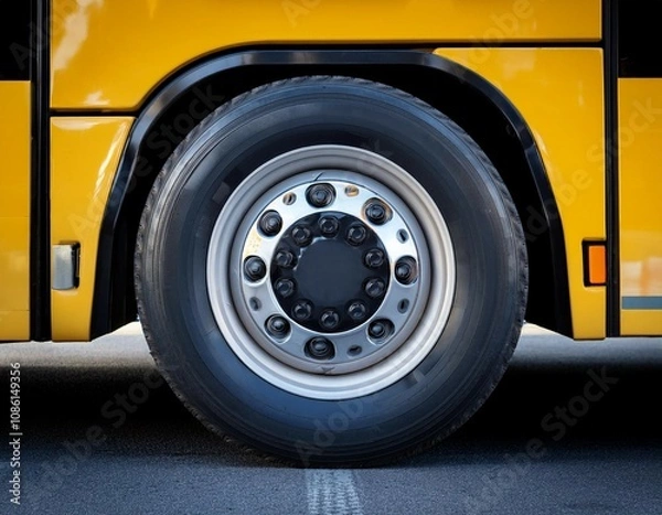 Fototapeta zoomed in view of a bus wheel and tire tread pattern