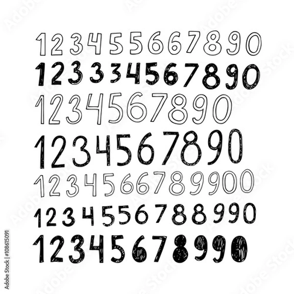 Fototapeta Hand-drawn numbers isolated on white background. Vector set.