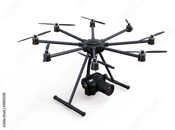 Fototapeta Octocopter with DSLR camera isolated on white background. 3D rendering image with clipping path.