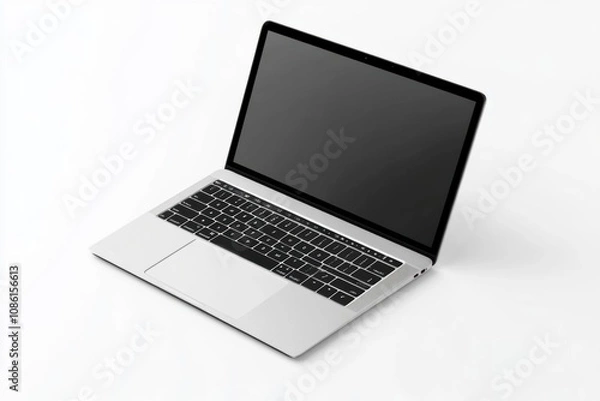 Fototapeta Sleek Silver Laptop with Black Screen on White Background