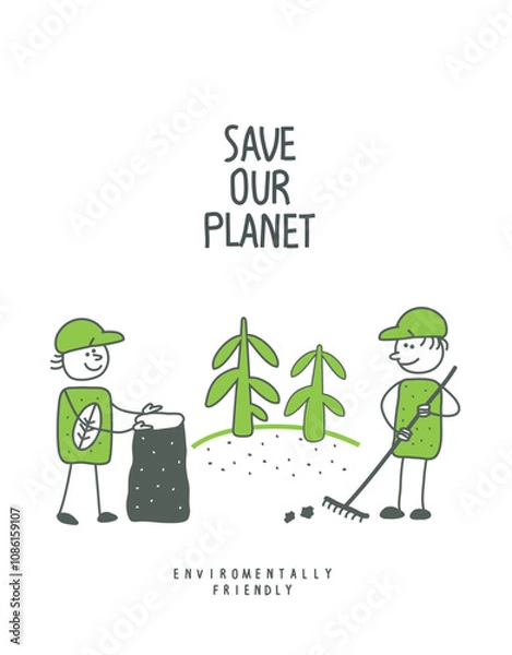 Obraz Activities for environmental protection. Vector cartoon sketch of people with with rakes and bags collecting plastic garbage. Environmentally friendly planet concept.
