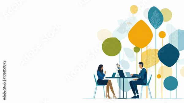 Fototapeta A diverse group of professionals collaborates at a table with laptops, set against a backdrop of stylized, abstract trees and colorful shapes.