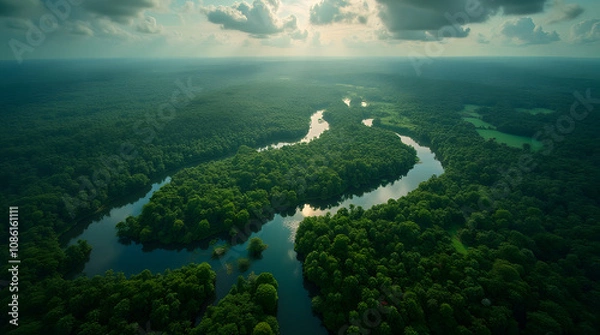Fototapeta aerial view of rain forest river, river from rainforest, Ai generative