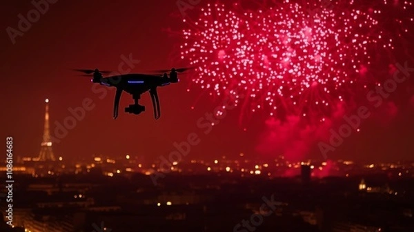 Fototapeta Drone captures spectacular fireworks display above Paris skyline at night with the Eiffel Tower illuminated in the background