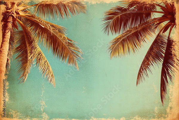 Fototapeta Retro style tropical palm tree background with clear skies, ideal for summer designs, vacation themes, and travel inspiration