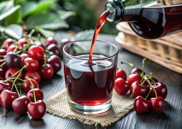 Obraz Fresh cherry juice, splashes of juice fly away, a natural vitamin drink.