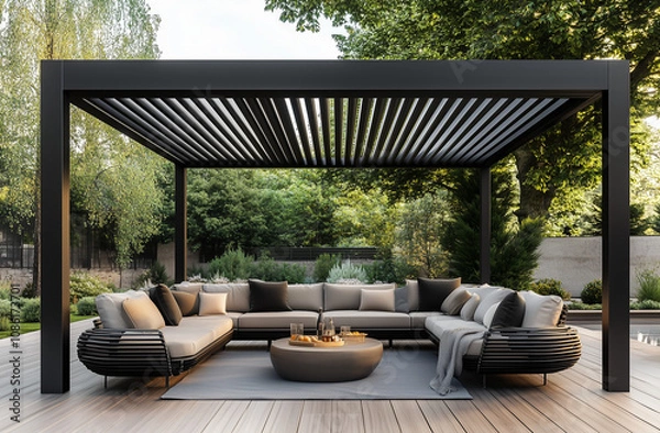 Fototapeta : A black metal modern garden canopy with cream fabric, set in the corner of an outdoor terrace with sofas and plants, photorealistic. an elegantly designed outdoor living space