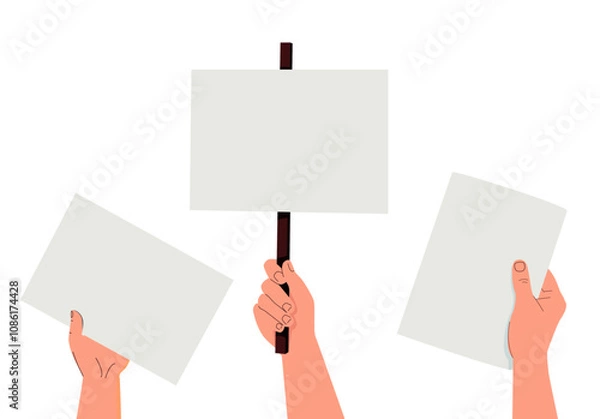 Obraz Blank paper sheets in hands set. Holding sign boards, showing advertising backgrounds, clean cards. Arms with papers
