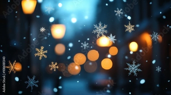 Fototapeta On a blurred background, snowflakes are decorated with street lights at night