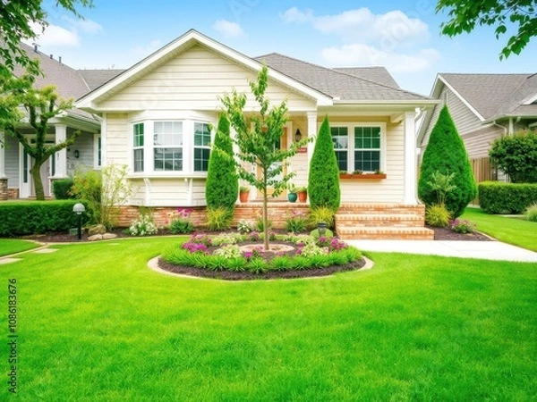 Fototapeta A well-maintained concrete yard in front of a suburban house with a neatly trimmed lawn and a small garden bed filled with colorful flowers, concrete yard, front of house